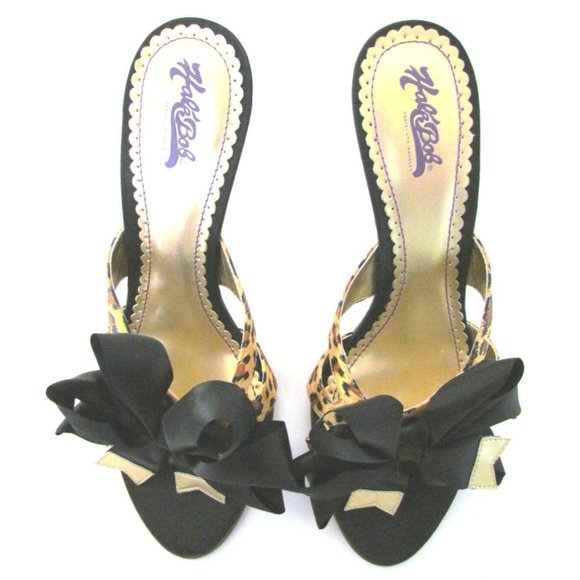 Women's Sandals HAL'E BOB SATIN ANIMAL LEOPARD PRINT BOW HIGH HEEL MULES 8.5 M - Picture 1 of 8